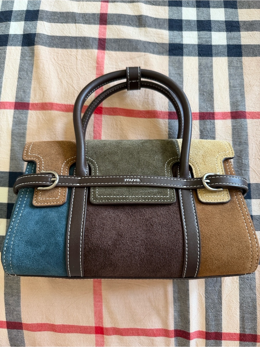 Muva Multicolor Suede Top-Handle Satchel in Teal, Olive & Brown